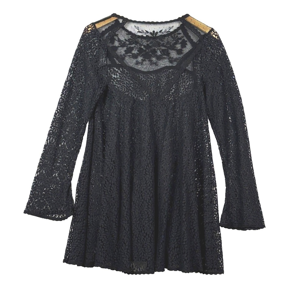 Free People Sheer Lace Whimsygoth witchy Trapeze Tunic Bead Mini Dress Sz M Boho